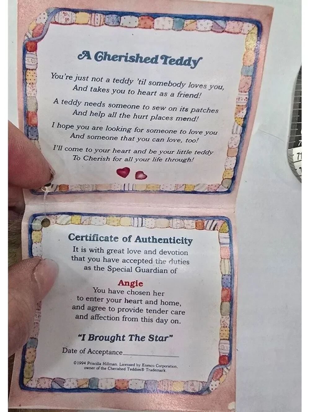 Cherished Teddies Angel Bear Plush with Certificate of Authenticity